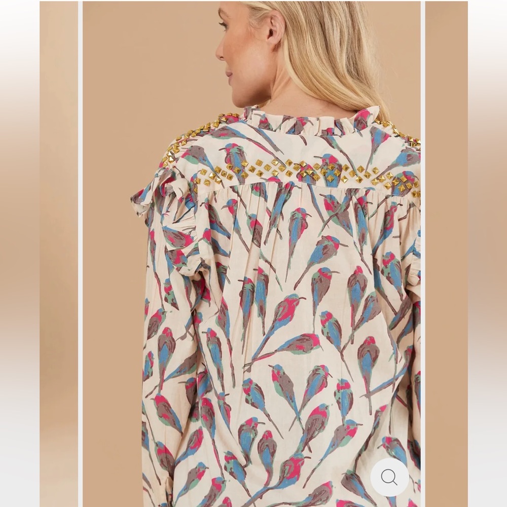 SHERIDAN FRENCH DEVON BLOUSE IN BEIGE + BLUE BIRDS Size M - Picture 3 of 7